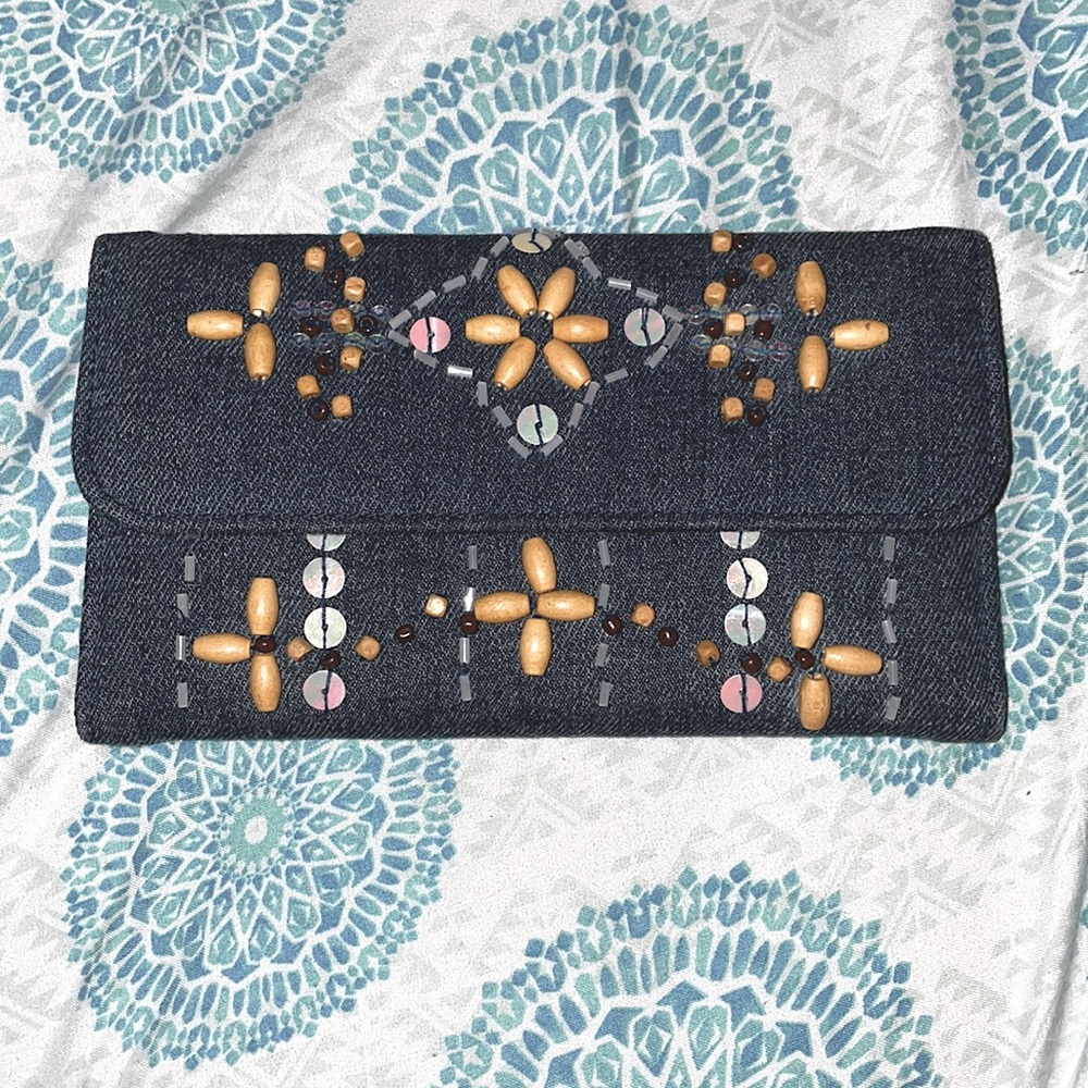 Blue jean material beaded women’s wallet